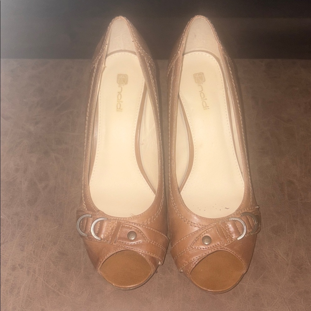 Brown Peep Toe Wedges with Buckle Detail, sz 7